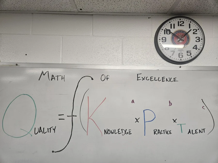Classroom whiteboard titled Math of Excellence, reading Quality equals a function of Knowledge to the a, times Practice to the b, times Talent to the c, under a Marine Corps wall clock.